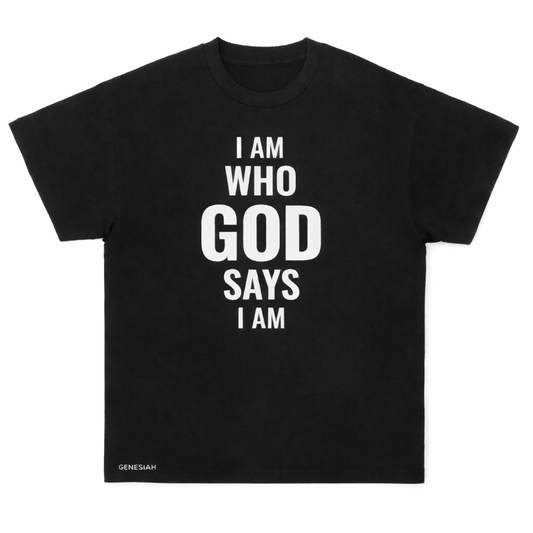 Genesiah I Am Who God Says I Am heavyweight Christian tee black